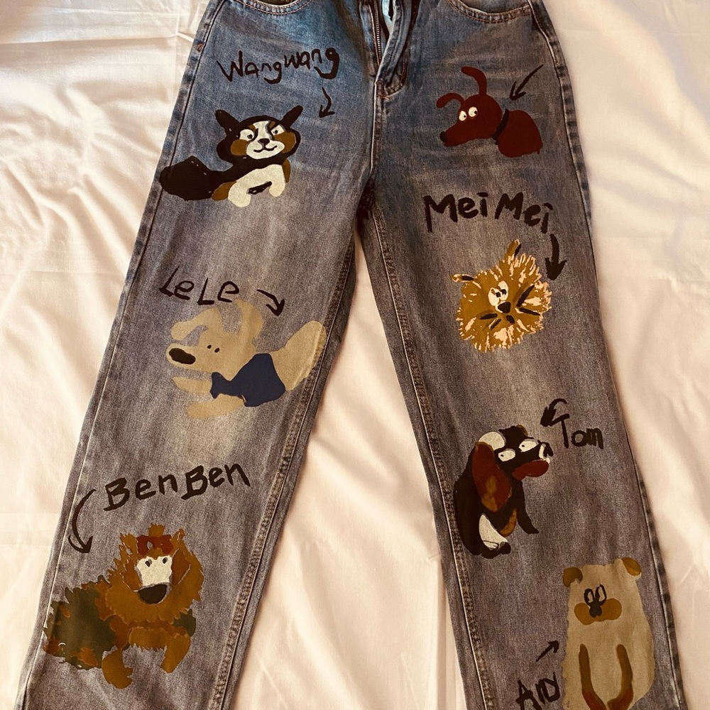 Women's Cartoon Dog Graffiti Baggy Jeans,High Waist Loose Denim  W-30” , L-40,5”